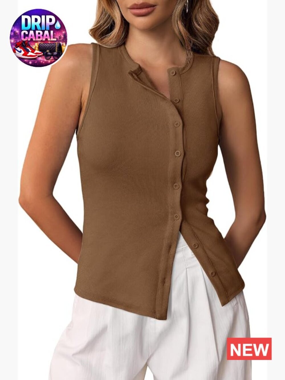 Button Down Tank Top Sleeveless Vest Ribbed Fitted Going Out Shirt